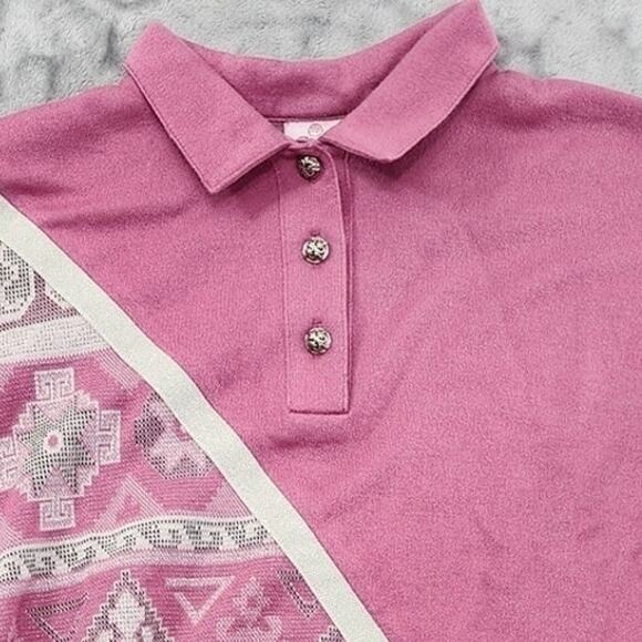 Vintage 80s Graff Top Womens M Pink Silver Metallic Glitter 3/4 Sleeve Polo - Picture 3 of 9